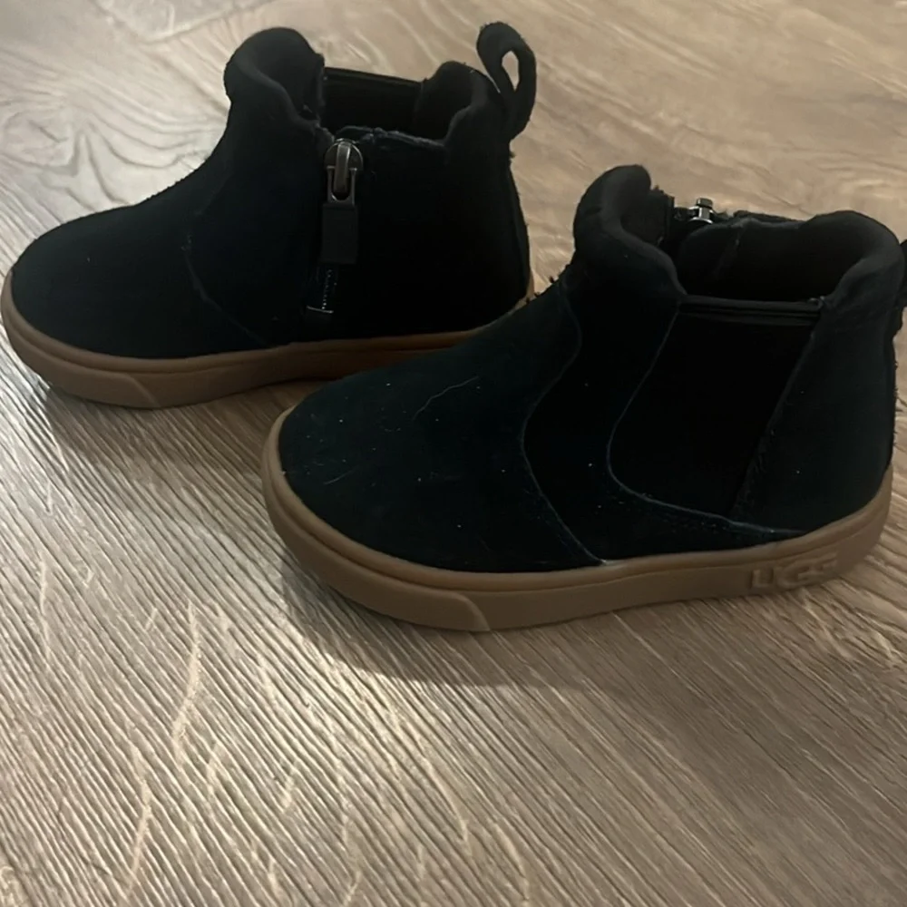UGG Kids Black Suede Ankle Boots with Tan Sole